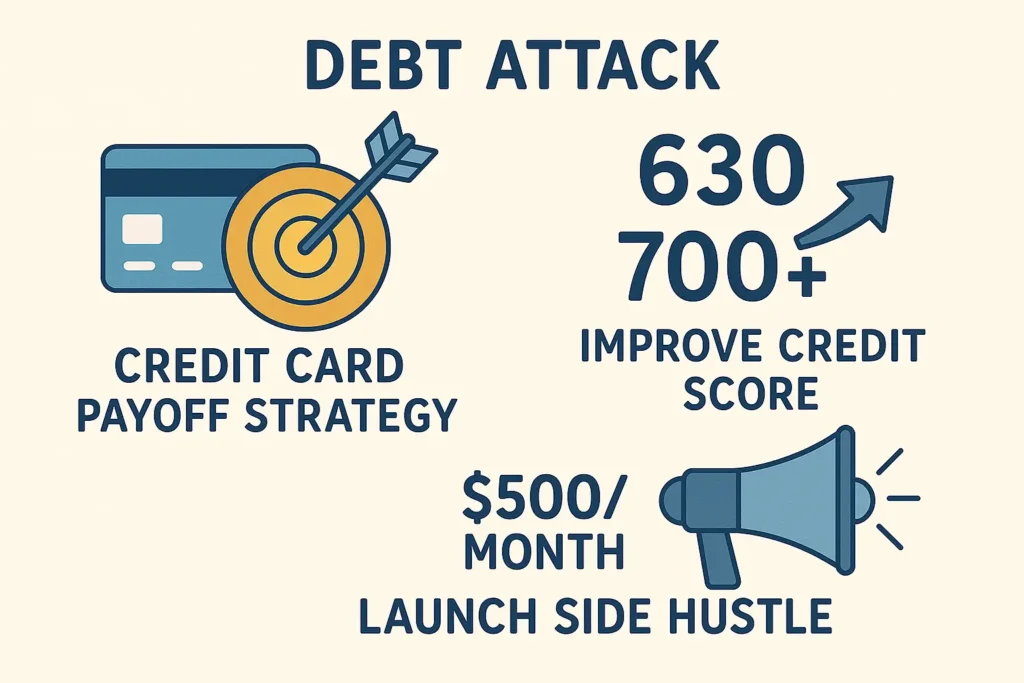 Debt-Attack-Strategy-Credit-Card-Payoff-Plan-to-Boost-Credit-Score-from-630-to-700- Debt attack infographic showing credit card payoff strategy with target bullseye, credit score improvement from 630 to 700+, $500 monthly side hustle income goal, and megaphone representing financial action plan
