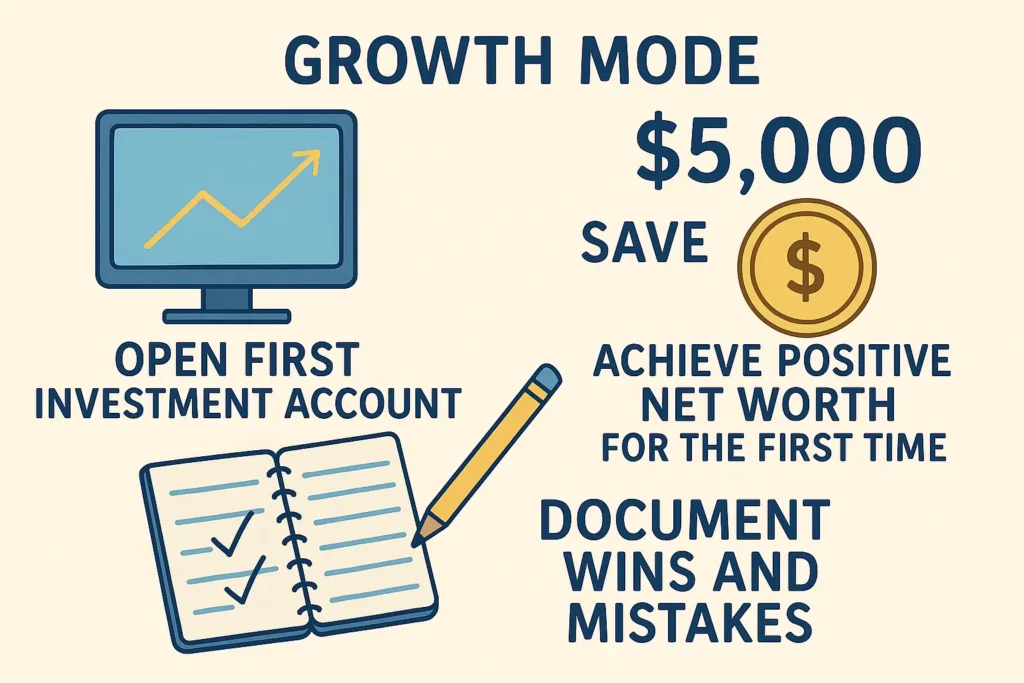 Growth Mode Complete Investment Strategy Guide to Build $5,000 Savings and Positive Net Worth Growth mode financial infographic showing computer with upward trending chart for opening first investment account, $5,000 savings goal with dollar coin, achieving positive net worth milestone, and notebook with checklist for documenting financial wins and mistakes