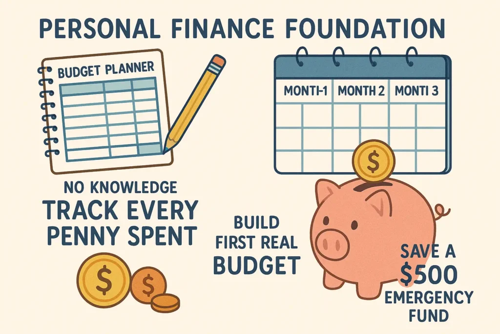 Personal-Finance-Foundation-Essential-Budgeting-and-Emergency-Fund-Guide-for-Beginners Personal finance foundation infographic showing budget planner, expense tracking, monthly calendar, and piggy bank with $500 emergency fund savings goal for financial beginners