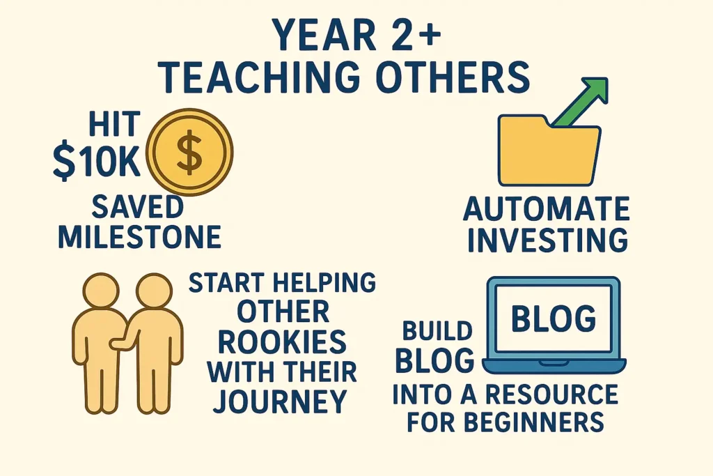 Year 2+ Financial Journey Teaching Others, $10K Savings Milestone, and Building Investment Automation Year 2+ financial milestone infographic showing four advanced money management goals: teaching others financial literacy with mentorship icon, hitting $10K saved milestone with golden dollar coin, automating investing with folder and upward arrow, and building personal finance blog resource for beginners with laptop